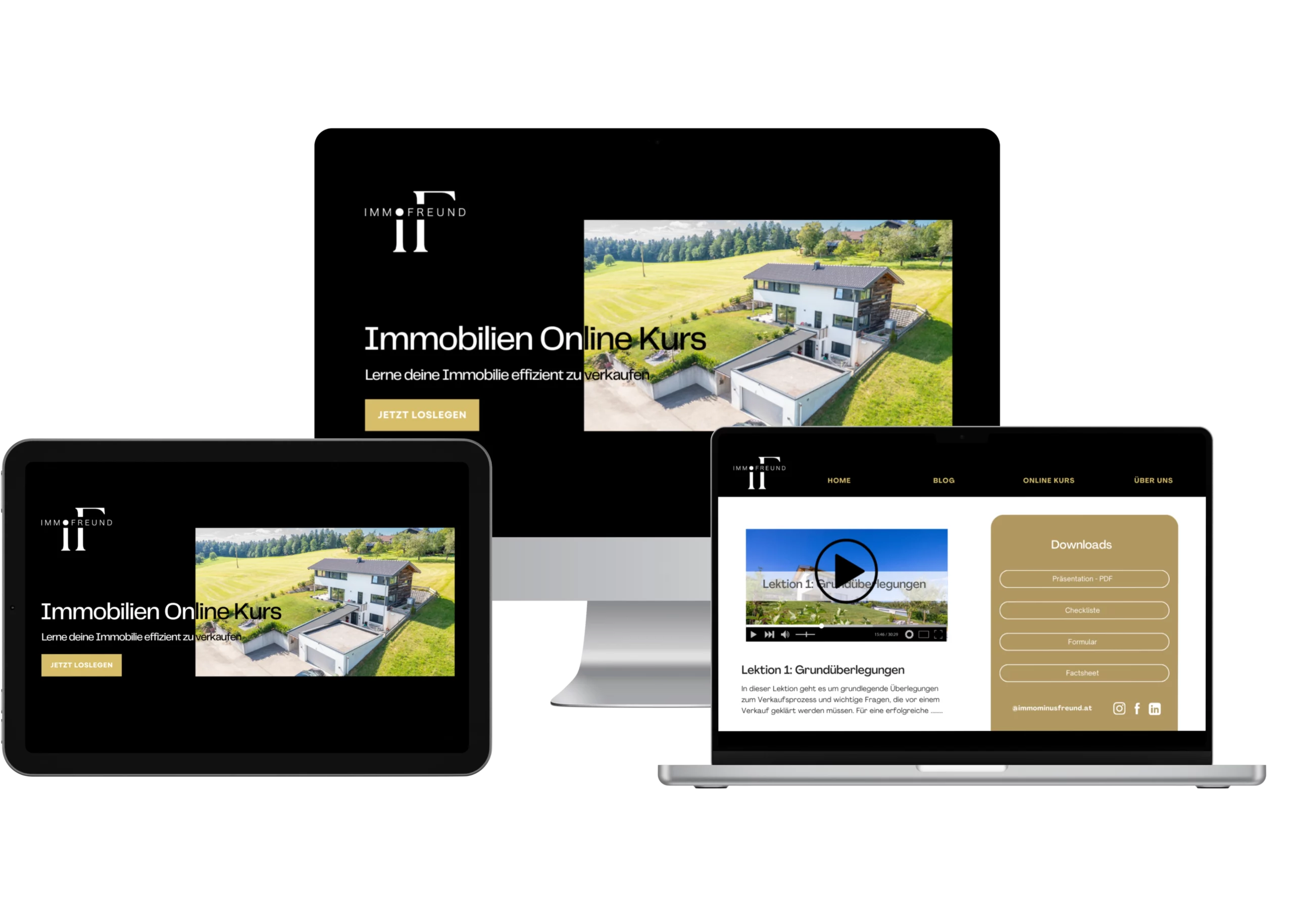 Großer iMac, Ipad und MacBook mit Ansicht des Immobilien Online Kurses